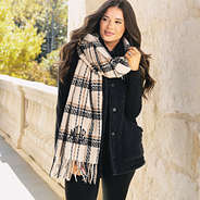 tan plaid scarf worn by peyton close