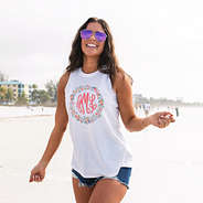 coral floral design at beach on monogrammed poolside tank top