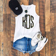 poolside tank top flatlay with camo monogram