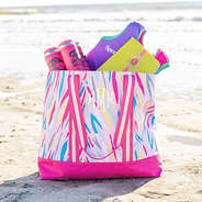 pink safari mega beach bag on beach
