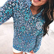 selfie in monogrammed printed pullover