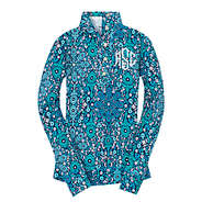 blue monogrammed placket patterned half button pullover