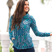 printed pullover with navy shorts