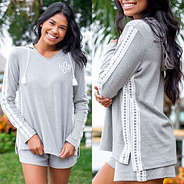 front and side of personalized gray lounge set with eyelet detailing