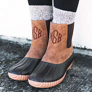 close up of monogrammed pull on duck boots