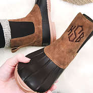 brown monogrammed pull on duck boots