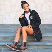 monogrammed pull on duck boots with monogrammed rain jacket