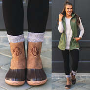 monogrammed pull on duck boots with monogrammed utility vest