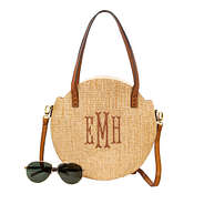 fishtail monogrammed round straw crossbody bag with sunglasses