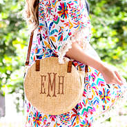 monogrammed round straw crossbody with fishtail font and cabana kimono