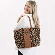 personalized leopard tote bag in leopard spots over shoulder