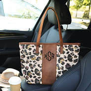 leopard sequin monogrammed leopard tote bag in car