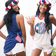 sleeveless monogrammed americana tank top with white denim shorts