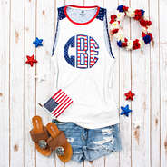 monogrammed americana poolside tank with denim shorts and monogrammed sandals