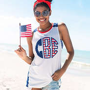 monogrammed tank top with stars and stripes at the beach