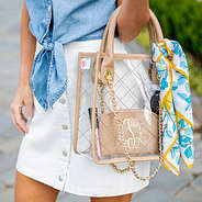 quilted clear tote bag with scarf and reversible white skirt