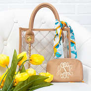 monogrammed clear quilted tote bag with removable pouch and tulips