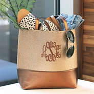 monogrammed gold glitter tote with leopard sandals and denim shorts packed