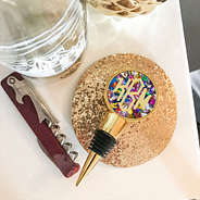 monogrammed confetti wine stopper with gold coaster and wine opener