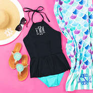 monogrammed peplum tankini top with mint bottoms and mermaid beach towel