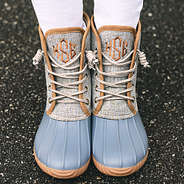 monogrammed slate duck boots with white pants