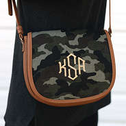 close up of monogrammed camo extra flap