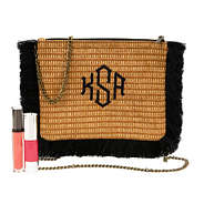 monogrammed straw fringe clutch