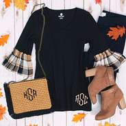 monogrammed straw clutch with fall outfit
