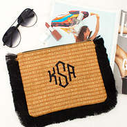 flat lay of straw clutch with sunglasses and magazine