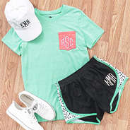 mint monogrammed t-shirt with running shorts