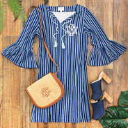 monogrammed bell sleeved dress with navy mules and monogrammed crossbody