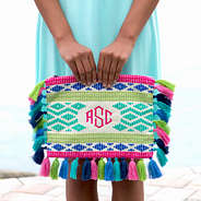 girl in aqua dress holding monogrammed geo tote