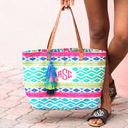 monogrammed geometric print tote in bright colors with tassel