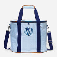 monogrammed cooler in navy seersucker
