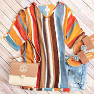 tan striped tunic ootd