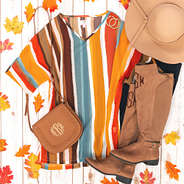 outfit with striped tunic top and riding boots with felt floppy hat