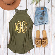 straw monogrammed velcro topper sandals outfit with high neck olive tank and jean shorts