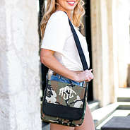 camo messenger lunch cooler over the shoulder with tan monogram