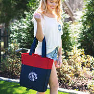 monogrammed colorblock tote in red and navy on arm