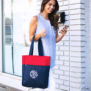 monogrammed colorblock tote in red and navy