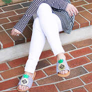 pineapple sandals with striped shirt and white pants