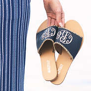 monogrammed navy and gold whipstitch toppers for velcro sandals