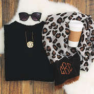 monogrammed leopard blanket scarf with monogrammed necklace