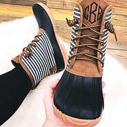 black striped monogrammed duck boot selfie