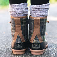 back of charcoal plaid monogrammed duck boots with duck boot socks