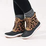 side of monogrammed leopard duck boots