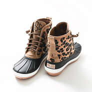 leopard duck boots in leopard spots studio shot