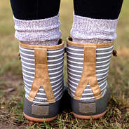 back of gray striped duck boots with duck boot socks