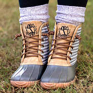 gray striped duck boots with duck boot socks