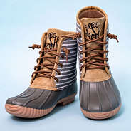 gray striped duck boots with blue background